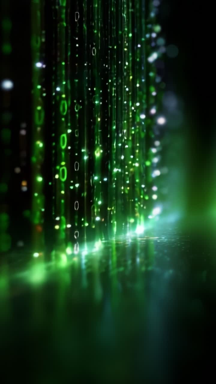 A mesmerizing cascade of green binary code falling like digital rain, creating an immersive and futuristic atmosphere, perfect for technology-themed visuals