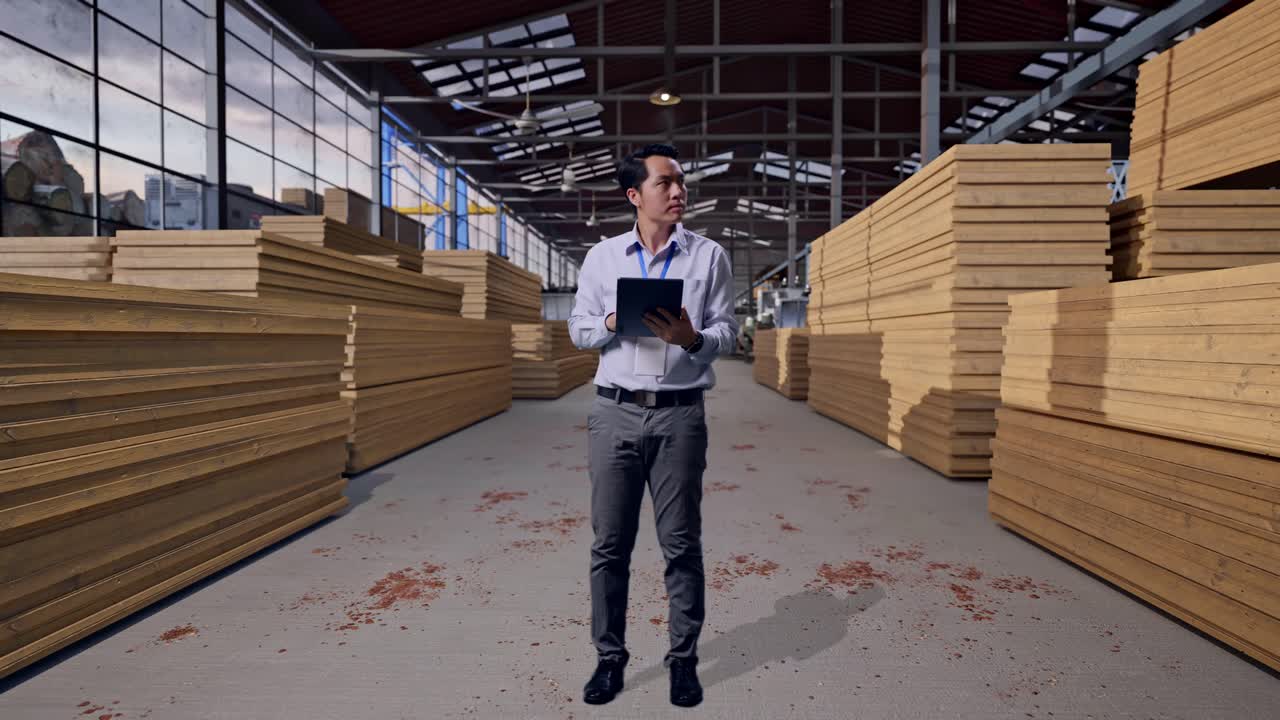 Inquadratura laterale a figura intera di un professionista asiatico al lavoro, operaio che ispeziona un magazzino di legname, osserva guardando in alto prima di concentrarsi sul tablet e continuare a digitare.
