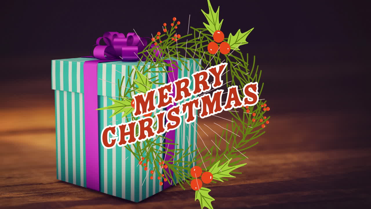 나무 배경에 크리스마스 선물 위에 메리 크리스마스 텍스트의 애니메이션