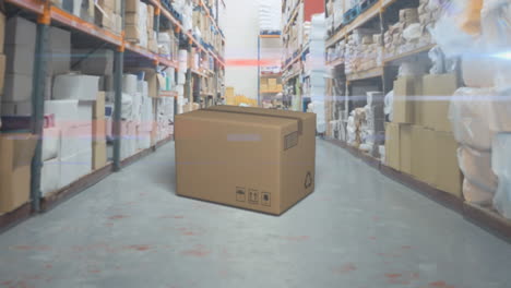 animation of cardboard box falling on a floor with stacked up shelves full of boxes and parcels