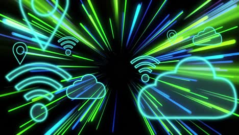 animation of wifi and cloud icons, data processing over light trails of data transfer