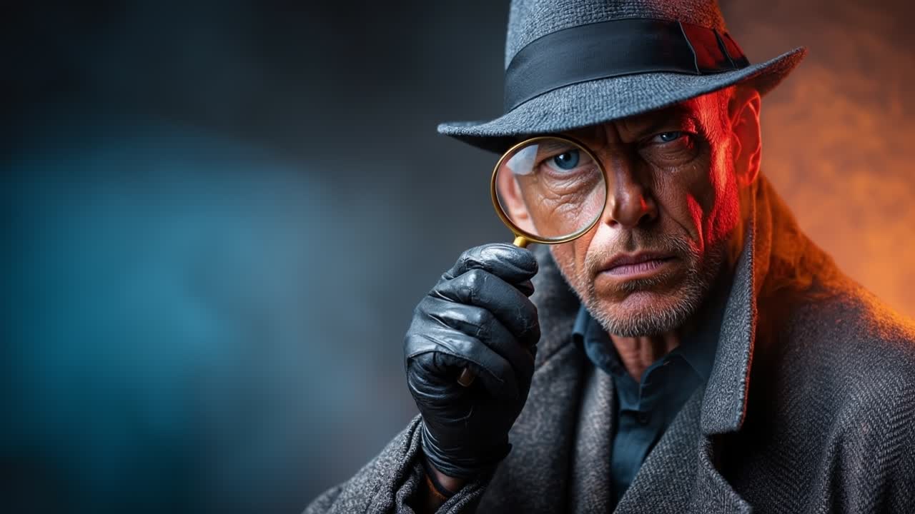 Mysterieuze detective met hoed en jas die door een vergrootglas kijkt in een donkere omgeving.