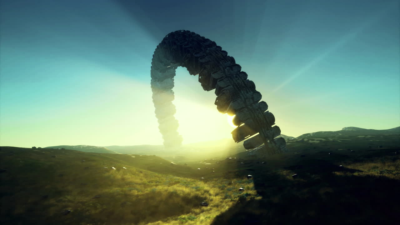 Mysterious alien ship hovers above a tranquil landscape during sunset