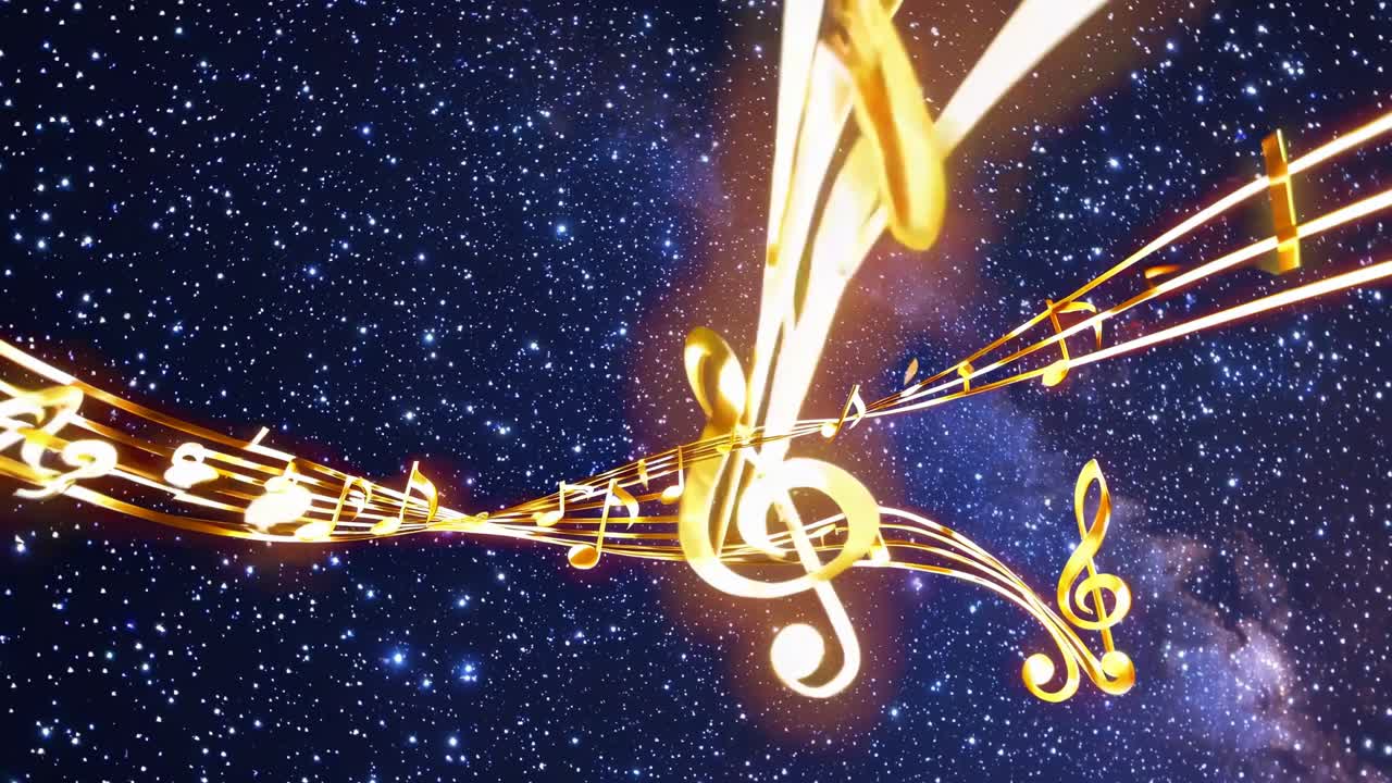 Dynamisk videokoncept af gyldne musiknoter, der flyder gennem en stjerneklar nattehimmel.