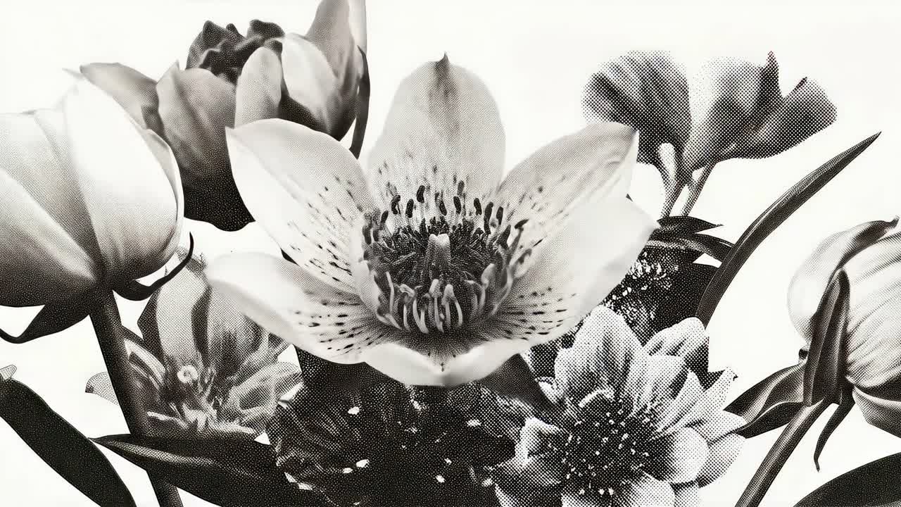 Svartvit närbild av tulpaner och blommor som påminner om estetiken i vintagevideos