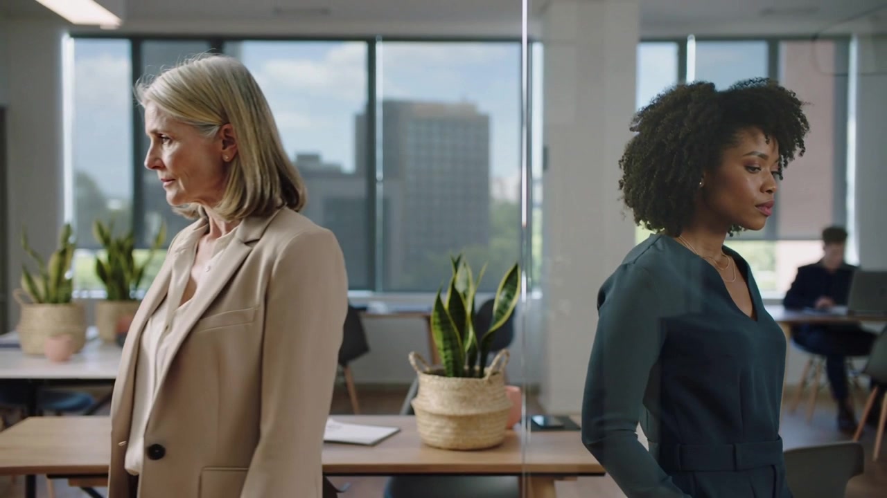 Stepping apart after brief eye contact, two women wearing workwear in office with glass partition