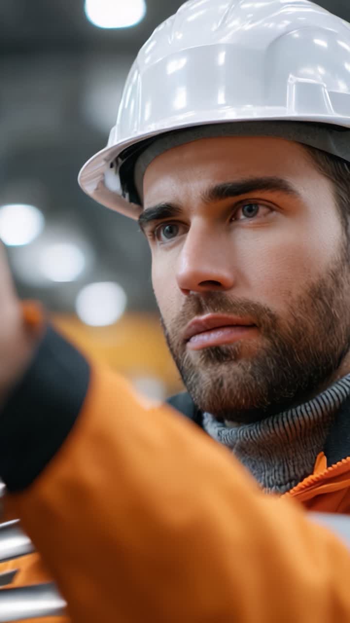 Operaio concentrato con cappello che analizza gli strumenti con precisione in un ambiente industriale, mettendo in mostra dedizione e competenza nelle operazioni di sicurezza e costruzione