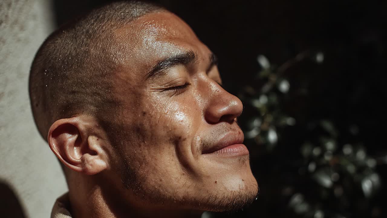 A Close-Up of a Calm Man's Profile, Capturing the Tranquility and Expression of Inner Peace in Soft Light and Natural Setting