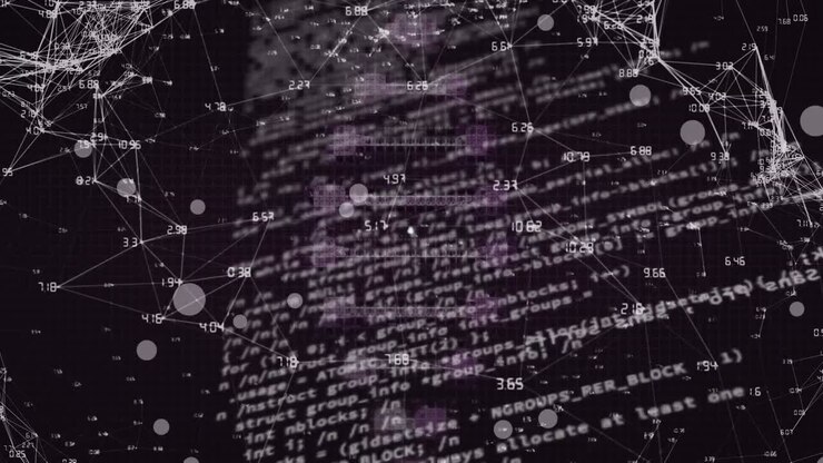 Animation of data processing and dna strand on black background