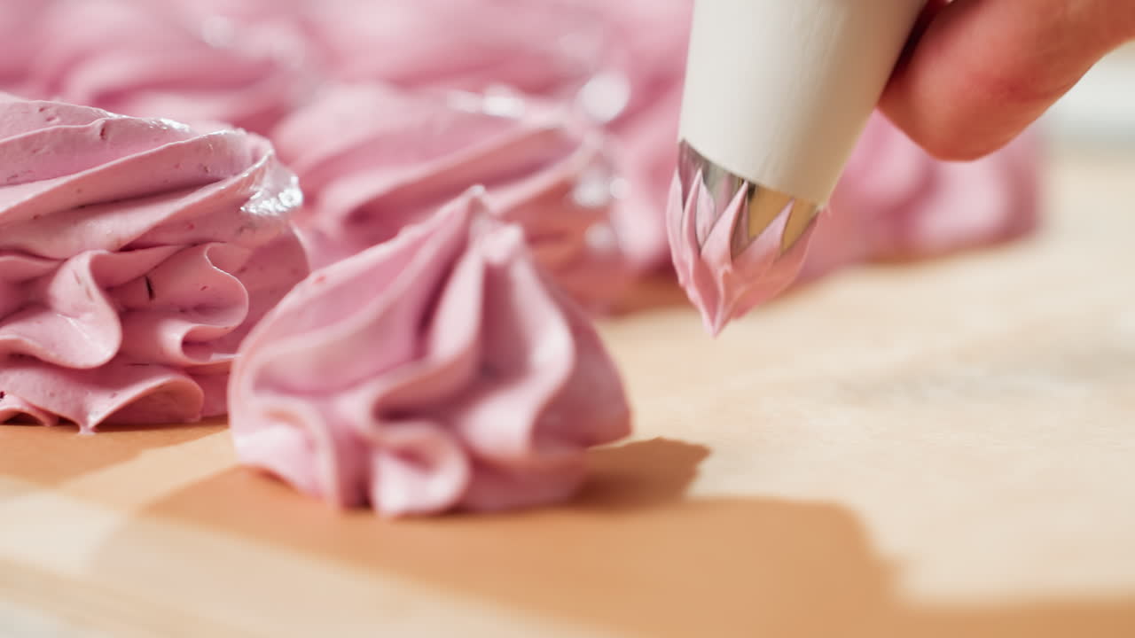 Close up of cupcake preparation process showing piping bag forming delicate swirls of pink dough on brown baking paper, with paper rising slightly as dough expands during gentle squeeze