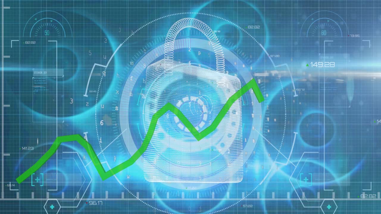 파란색 배경에 디지털  ⁇ 락 위에 금융 데이터와 그래프의 애니메이션