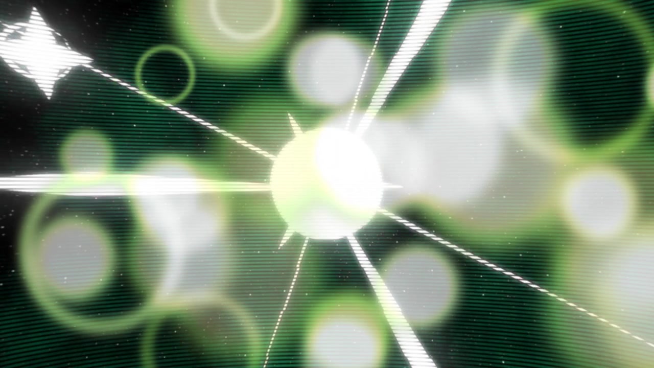 Cúmulo de discos luminosos desplazándose hacia el interior, desenfocándose en la retícula, con estelas convergiendo y formando un bloqueo HUD.