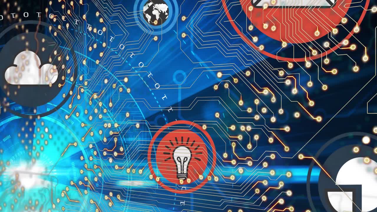 animación de circuitos integrados e iconos técnicos sobre el globo y fondo azul