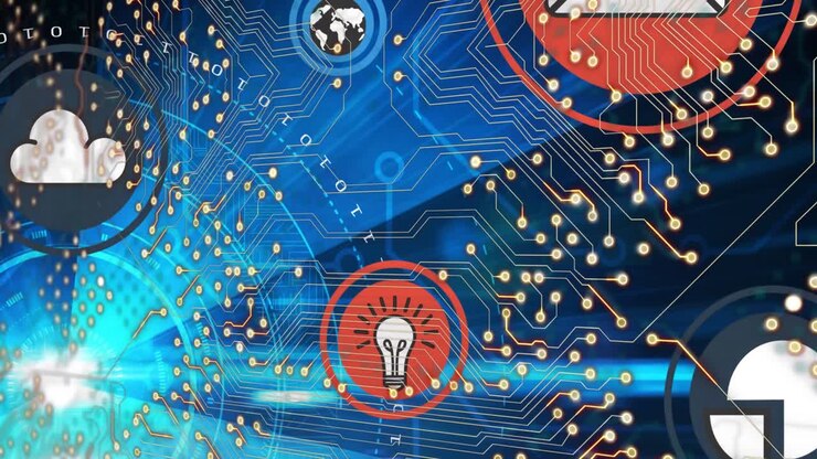 Animation of integrated circuit and tech icons over globe and blue background