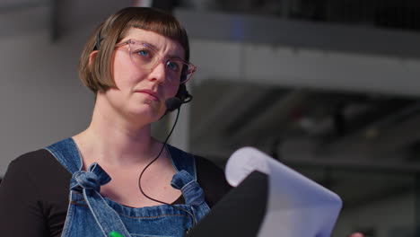 Female-Assistant-Film-Director-Wearing-Headset-With-Clipboard-Checking-Script-Shooting-Movie-Or-Video-Scene-In-Studio