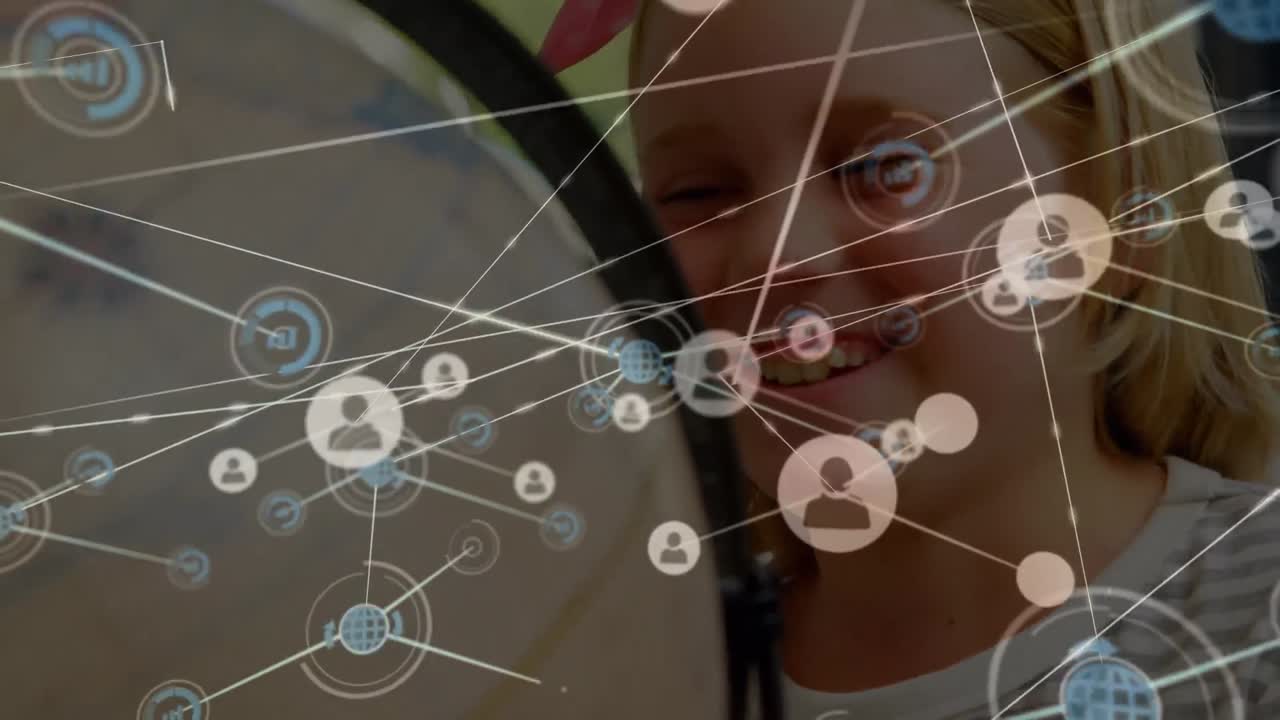 학교에서 지구를 가진 행복한 백인 소녀에 대한 아이콘과의 연결 네트워크의 애니메이션