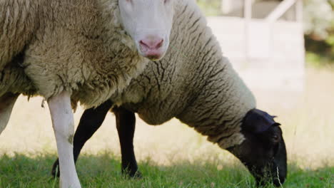 Black-and-white-sheep-grazing-and-looking-into