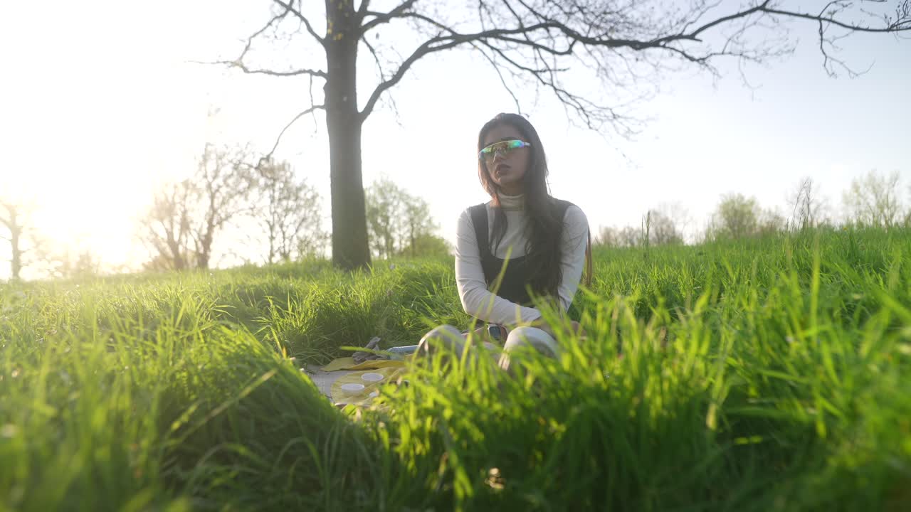Woman relaxing in a park at sunset