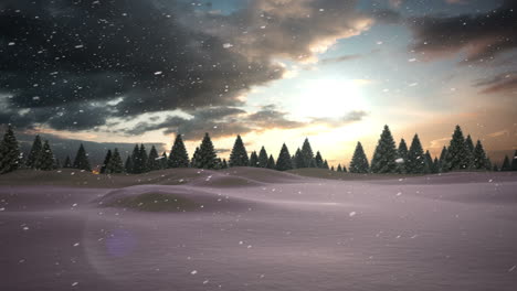 snow falling on snowy windy landscape with forest