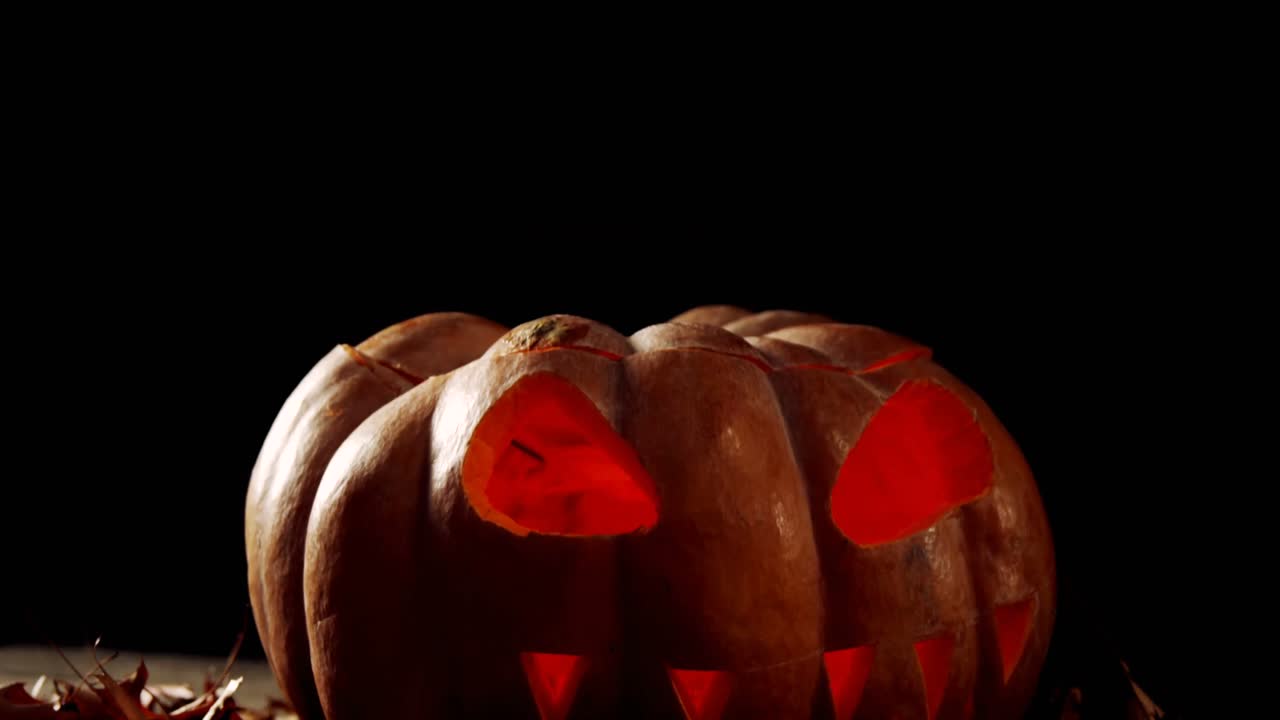 calabaza de halloween con hoja de arce contra un fondo negro 4k