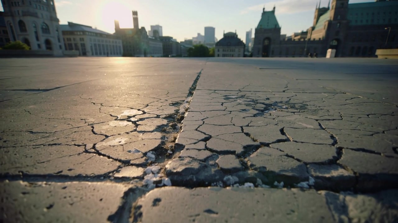 Telecamera in movimento, spinta dal sole basso, che avanza verso le piastrelle crepate di una piazza, mostrando le fessure.