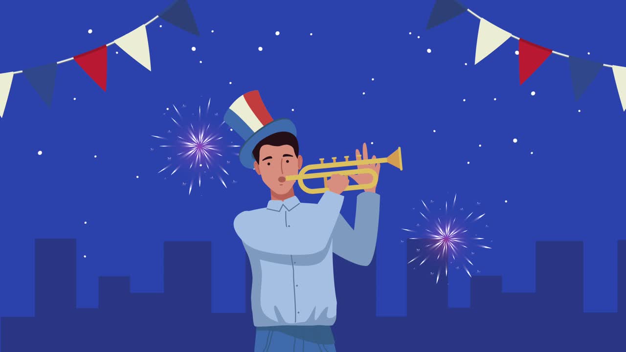 행복한 바스의 날을 축하하는 남자 프랑스인 도시에서 트럼을 연주