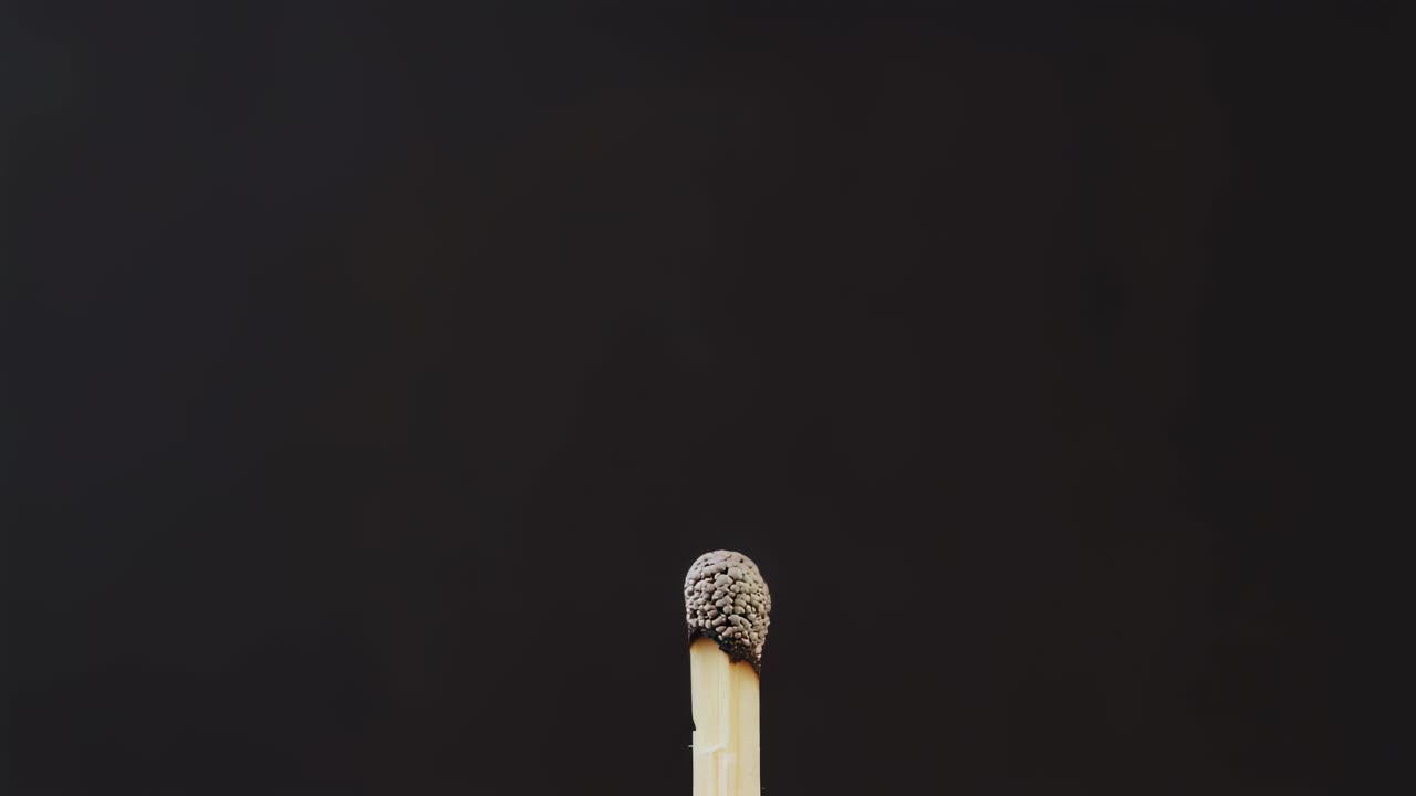 Delicate match burning and gradually extinguishing against deep black backdrop, revealing intricate combustion stages and ephemeral fragility of flame