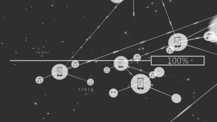 Animation of loading bar with numbers, dots and icons connected with lines on black background