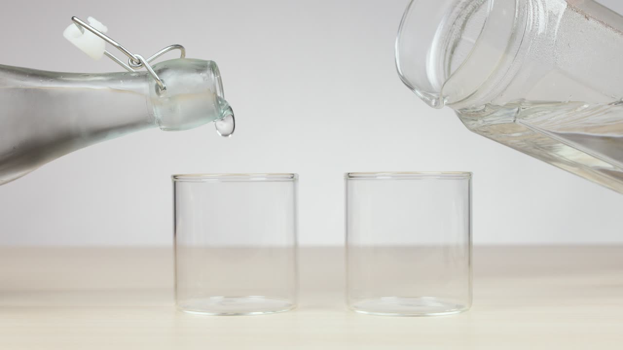 Two glass bottles pour water into separate glasses on a light table, neutral background