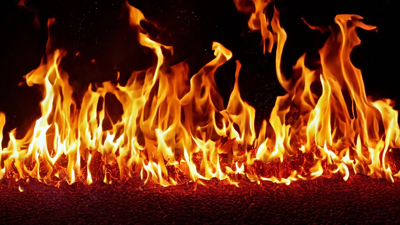 A dynamic video of intense flames captured at eye level, showcasing vibrant orange and red hues
