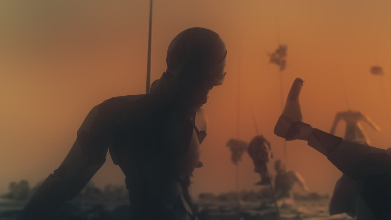 Destroyed andorids on a junkyard in yellow light