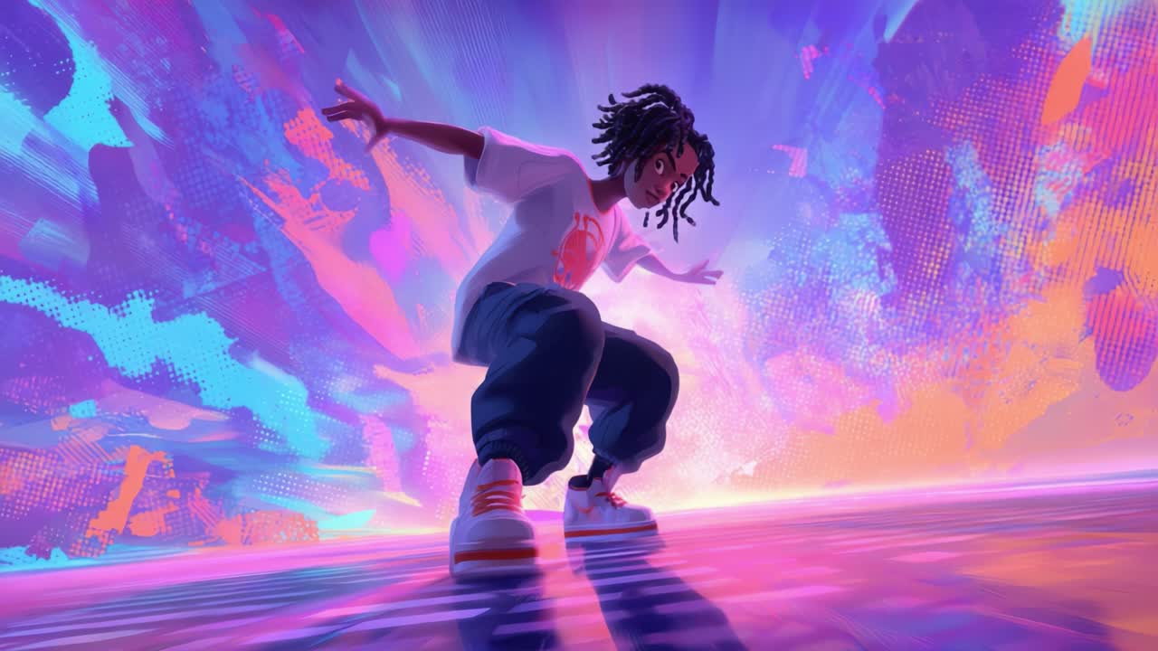 A vibrant and dynamic animated scene showcasing a young individual with dreadlocks dancing on a mesmerizing colorful floor, immersed in a swirl of radiant lights and vivid background patterns that evoke enthusiasm and creativity