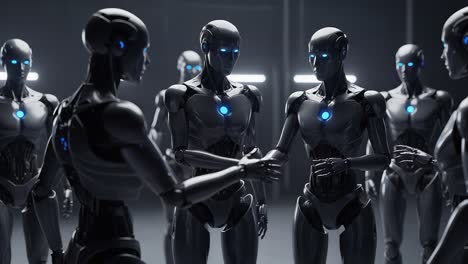 a group of advanced robots engaging in communication in a futuristic environment, showcasing innovative design and artificial intelligence interactions
