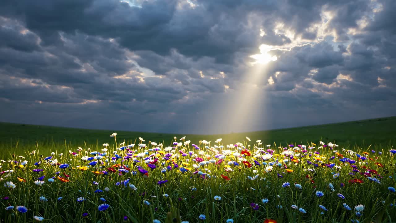 En videooptagelse i lav engel af en levende vildblomstmark under en dramatisk, skyet himmel med solstråler
