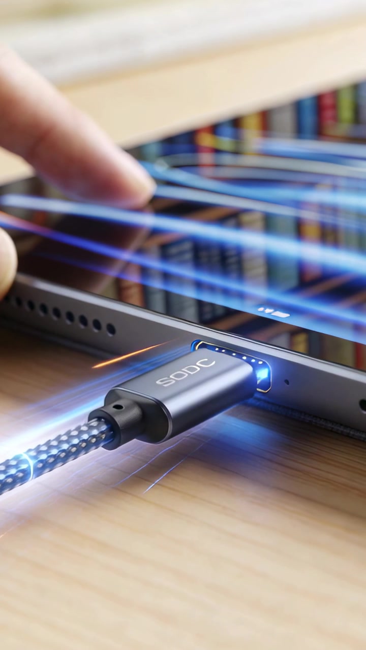 Vertical video: Guiding braided USB-C plug into tablet port at desk, user tapping screen, charging