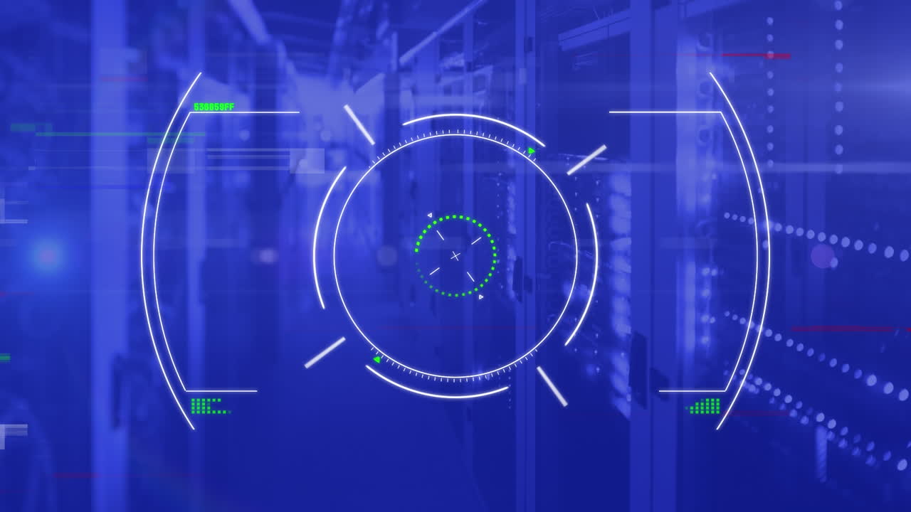 animación del procesamiento de datos y el escaneo del alcance a través de servidores informáticos