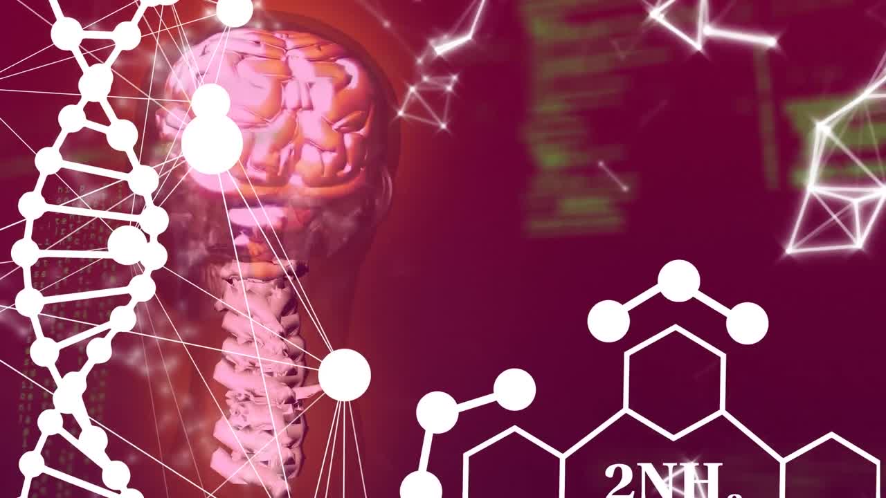 Animation of chemical formula and dna strand over digital head and data processing