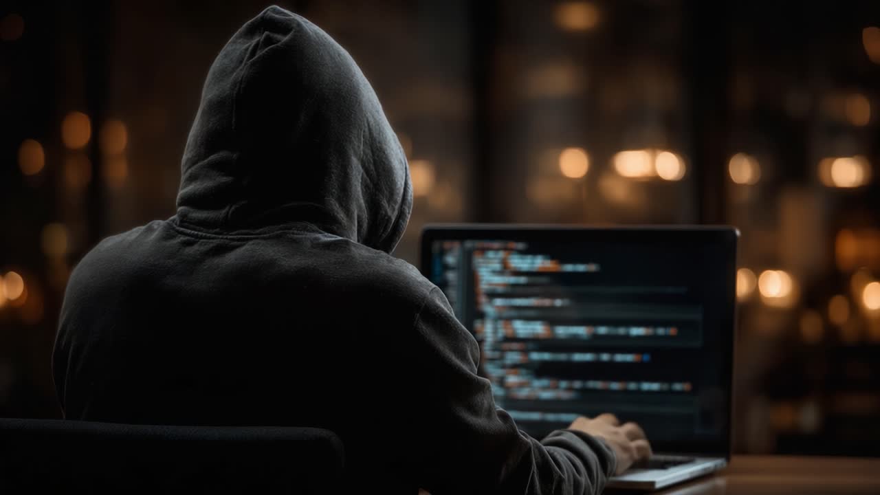 A Mysterious Figure in a Hoodie Engaged in Coding on a Laptop, Surrounded by Dimly Lit Urban Background Creating an Intriguing Atmosphere of Digital Exploration