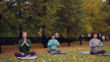 women practicing yoga in an autumn park