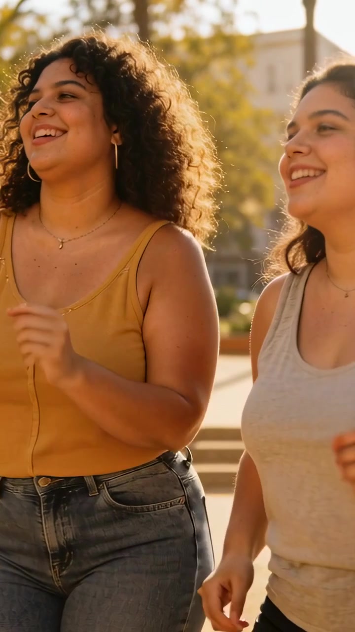Vídeo vertical: Duas mulheres entrando no quadro, caminhando e conversando, passando por uma praça, a da esquerda vestindo uma regata amarela.