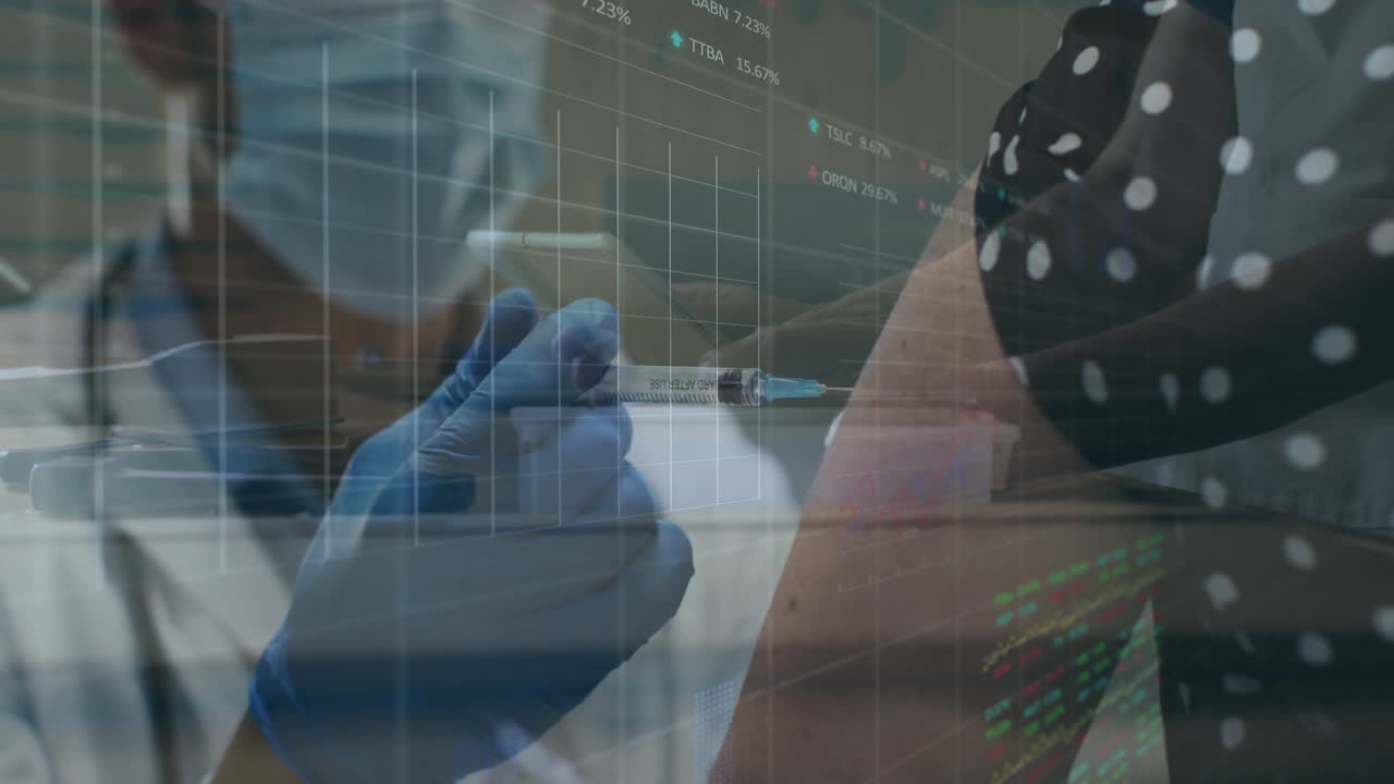 Gloved medical worker administering vaccine injection in clinic, showing overlaid data charts