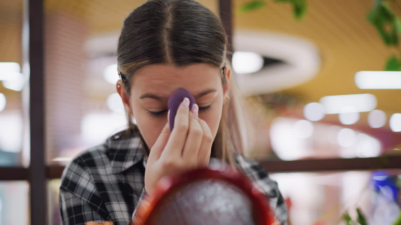 joven enfocada aplicando maquillaje con esponja de belleza mientras mira en el espejo y la iluminación suave destaca la complexión suave, la aplicación cosmética precisa y la rutina de belleza de cuidado personal