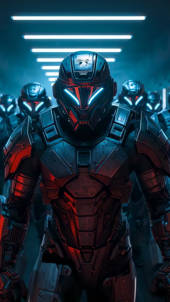 Vertical video: Shifting weight lead soldier leading squad advancing through corridor, visor lights