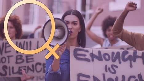 animation of girl female symbol over diverse group of women with banners