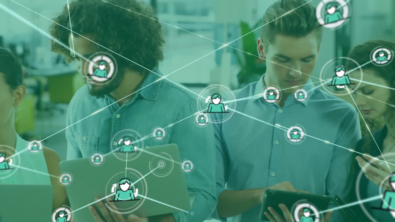 Network of connection icons against office colleagues using electronic devices