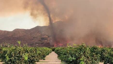 california wildfire burning on cultivated field, massive dark smoke column, bird flying away from fire