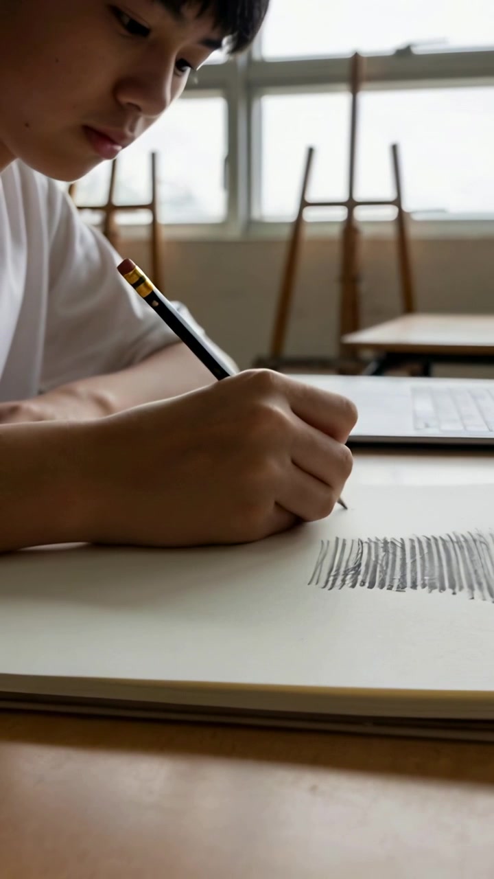Video verticale: Posizionamento della punta di una matita, un adolescente in maglietta bianca che sfuma un blocco da disegno a lezione d'arte, esercitandosi con le tonalità.