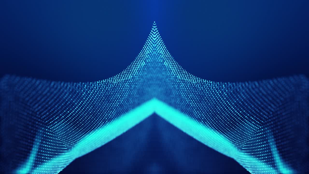 Sci-fi abstract theme with particle mirror waves. 4k looped abstract blue background of glow particles form curved lines, surfaces simmetrical structures. Digital bg with particle hologram.