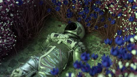 astronaut resting in a vibrant alien flower garden