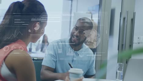 animation of financial data processing over diverse business people in office